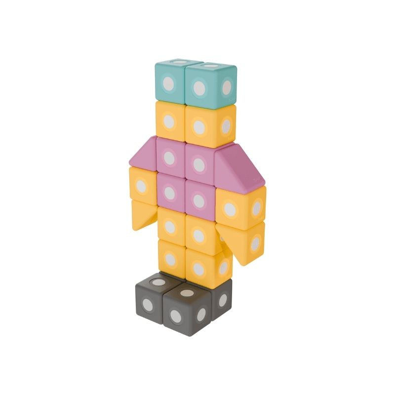 TUKI BIG Smart Magnetic Blocks Smart 30 arranged into a robot figure, showing the complex floor-scale 3D construction that 30 large-format magnetic foam blocks in 3 Smart TUKI shapes including the pyramid enables