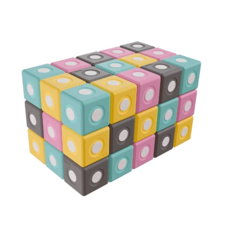 TUKI BIG Smart Magnetic Blocks Set Smart 50 clean landscape view showing all 50 large 10cm magnetic EVA foam blocks in 3 Smart shapes including the pyramid across 4 colours including grey, the group-use SMART range set for 3-5 children across Canada and the US