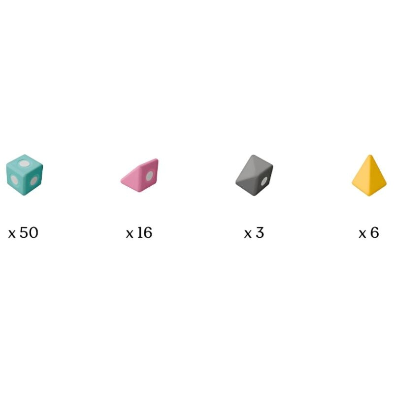 Detailed inclusion view of TUKI BIG Smart Magnetic Blocks Smart 75 showing the closed-cell EVA foam construction, rotating neodymium magnet capsules, and 3 Smart TUKI shapes in the EN71-certified 75-piece 4-colour group SMART set