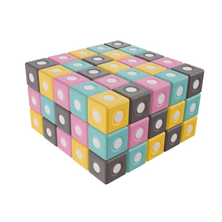 TUKI BIG Smart Magnetic Blocks Set Smart 75 clean landscape view showing all 75 large 10cm magnetic EVA foam blocks in 3 Smart shapes including the pyramid across 4 colours, the 4-6 child group SMART set available across Canada and the US