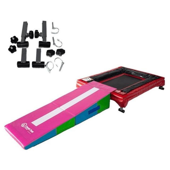 Tumbl Trak All Abilities Mini Trak shown with the Folding Mini Ramp in Bright Pastel pink attached, showing the bundled mini trampoline and ramp configuration for beginner gymnastics and sensory movement sessions