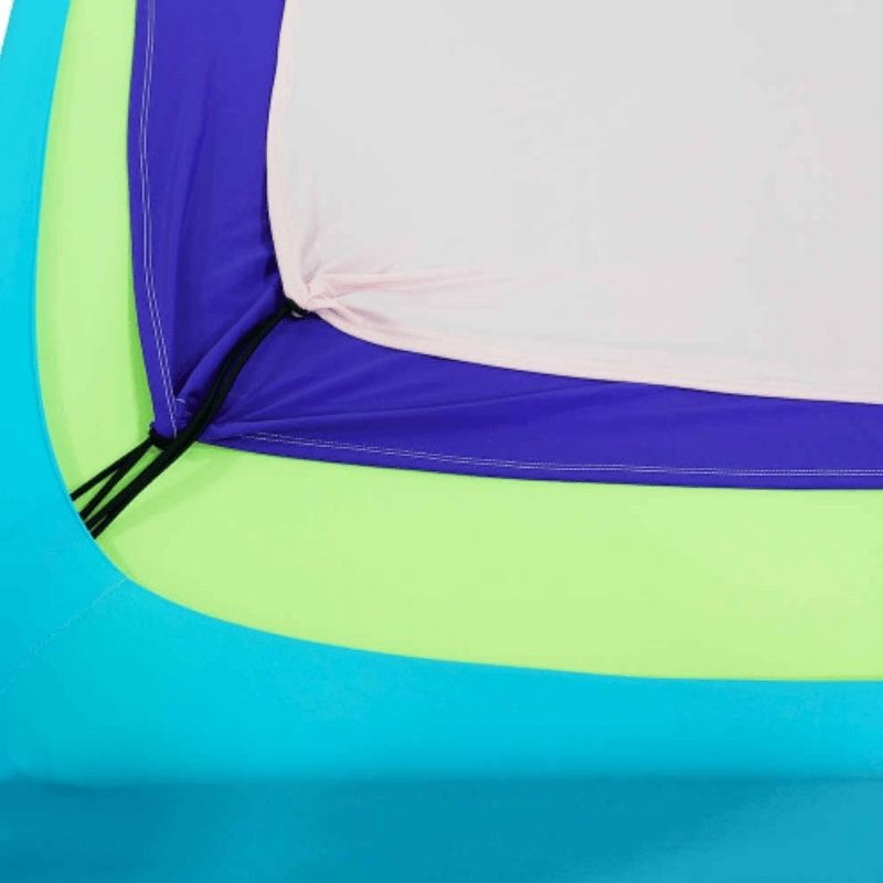 Close-up corner detail of the Tumbl Trak replacement lycra set for the Boundex Cuddle Box, showing how the stretchable lycra layers attach securely to the steel frame for sensory integration and motor planning use