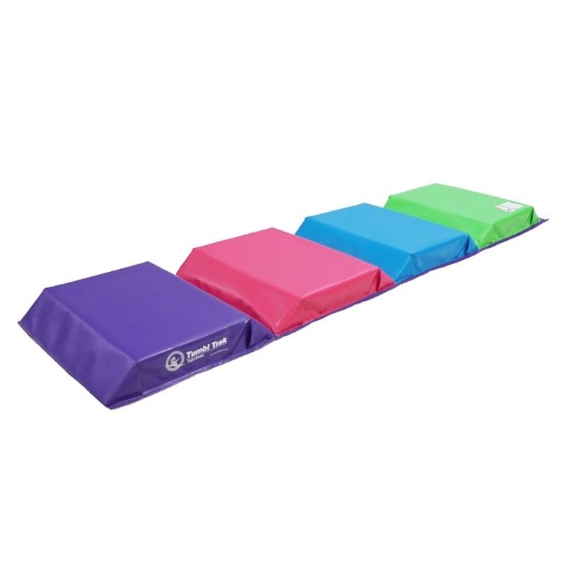 Tumbl Trak Color Tunnel Mat folded into the crawl tunnel box configuration using the Velcro tabs, showing the tunnel opening for creeping, crawling, and motor planning activities in preschool and OT obstacle courses