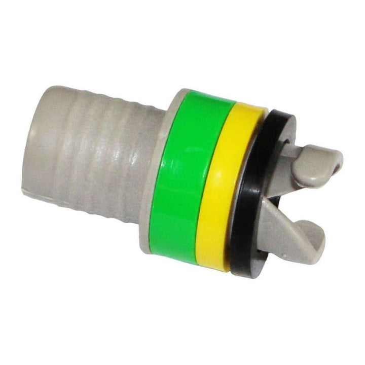 Tumbl Trak electric air pump adapter with colour-coded valve rings, used to fit multiple air floor and air track valve sizes