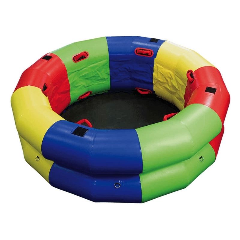 Top-down view of the Tumbl Trak Fitness Wheel 5-foot model showing the bungee bed surface and multi-colour ring segments used for class management and spatial awareness activities