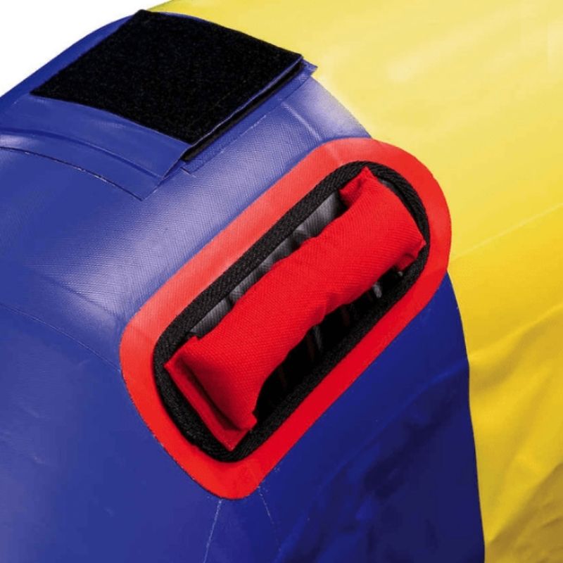 Close-up of the heavy-duty webbed handle on the Tumbl Trak Fitness Wheel, showing the reinforced carry point used for transport and as a child grip during edge-rolling and wall-station activities