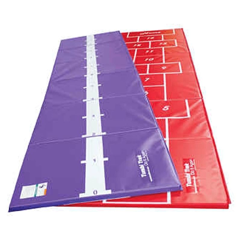 Tumbl Trak Hopscotch Beam Mat showing both sides of the reversible 3x12ft gymnastics mat - the numbered hopscotch pattern in red on the right and the white beam stripe with 1-foot gradations on the purple left side