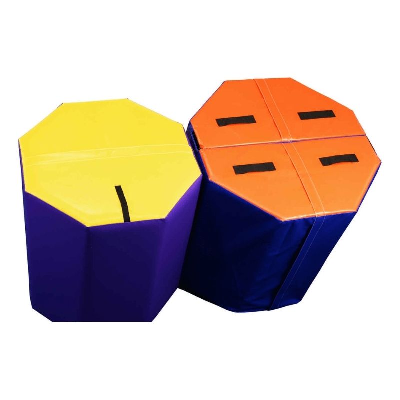 Tumbl Trak Octagonal Tumbler in yellow and orange Primary Rainbow colourway showing the octagonal shape and 18 oz. knife-coated vinyl surface used for walkovers, handsprings, and gymnastics skill progressions