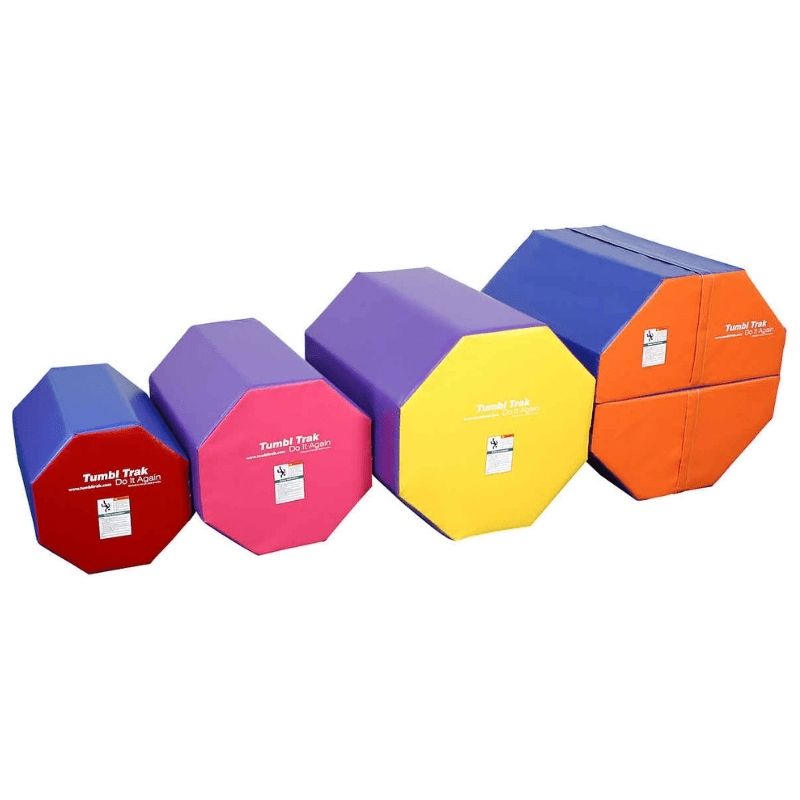 Tumbl Trak Octagonal Tumblers shown in all four sizes side by side, demonstrating the 20x28in, 24x30in, 30x36in, and 35x35in options available for different athlete heights in gymnastics skill training