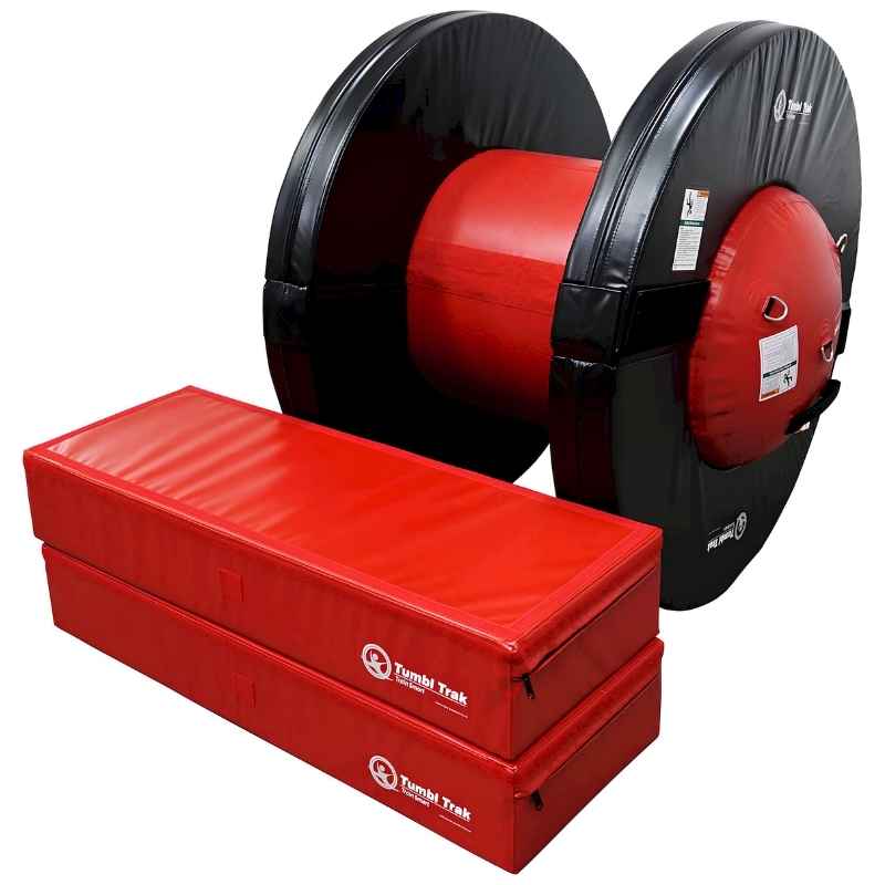 Tumbl Trak Orbiter Bundle 2 with both branded red Booster Blocks shown separately, demonstrating the complete gymnastics skill trainer bundle for athletes of all heights