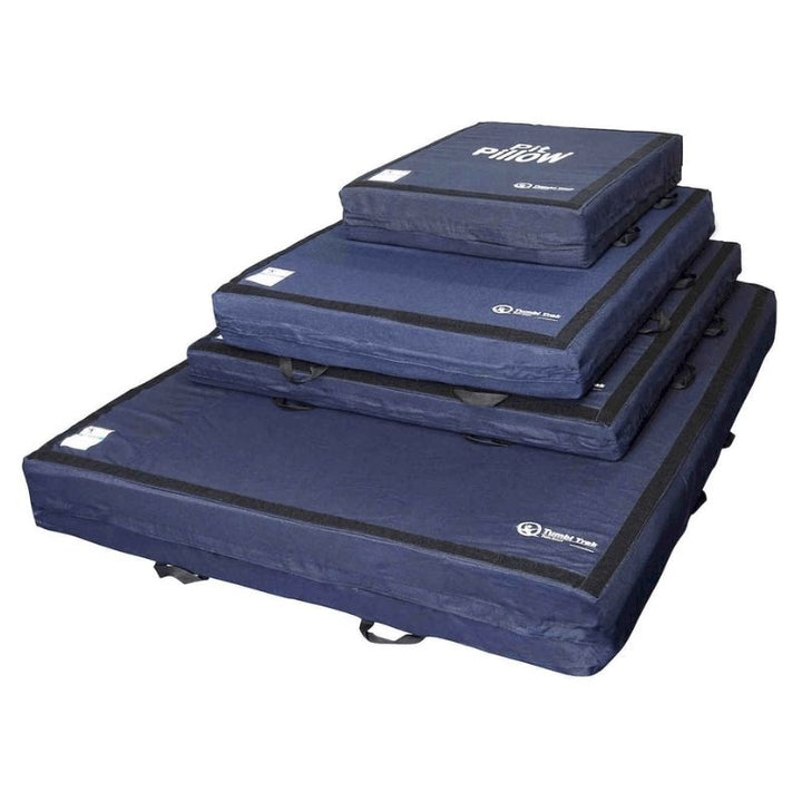 Tumbl Trak Pit Pillow shown in all size and colour variants, displaying the low-density foam gymnastics pit mat with removable washable denim cover available in three sizes for foam pit topper, top mat, and trampoline throw mat use