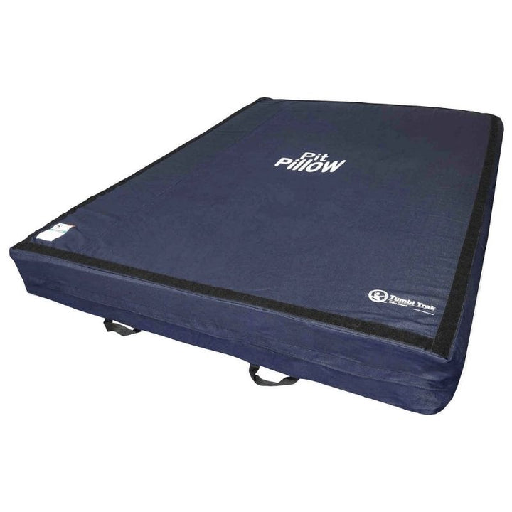 Tumbl Trak Pit Pillow fourth landscape view showing the three available sizes - 3ft x 4ft x 8in, 4ft x 6ft x 8in, and 5ft x 6ft x 6in - for foam pit topper, bar station, and trampoline throw mat applications