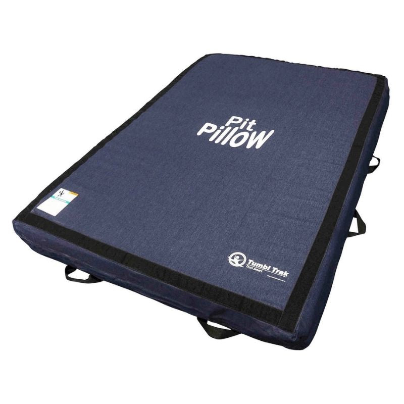 Tumbl Trak Pit Pillow second landscape view showing the denim cover construction and size profile of the JO competition approved 4ft x 6ft x 8in gymnastics foam pit mat for bar release landing stations