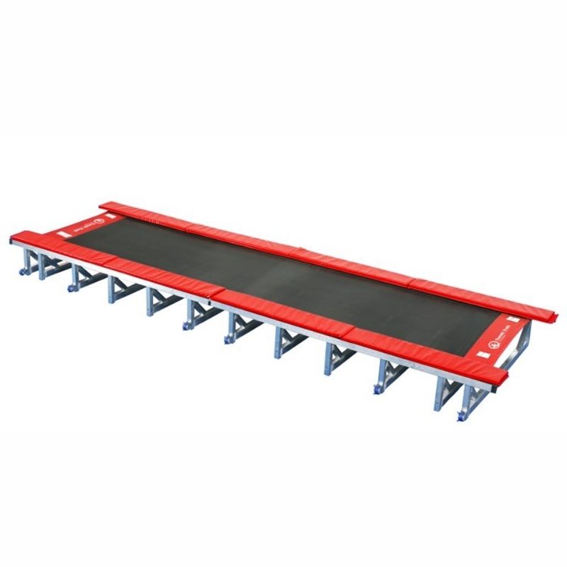 Tumbl Trak Porta Trak showing the full landscape view of the foldable aluminium gymnastics tumbling track, available in 15ft, 20ft, and 30ft lengths for small gyms, YMCAs, recreation programmes, and mobile coaches across North America