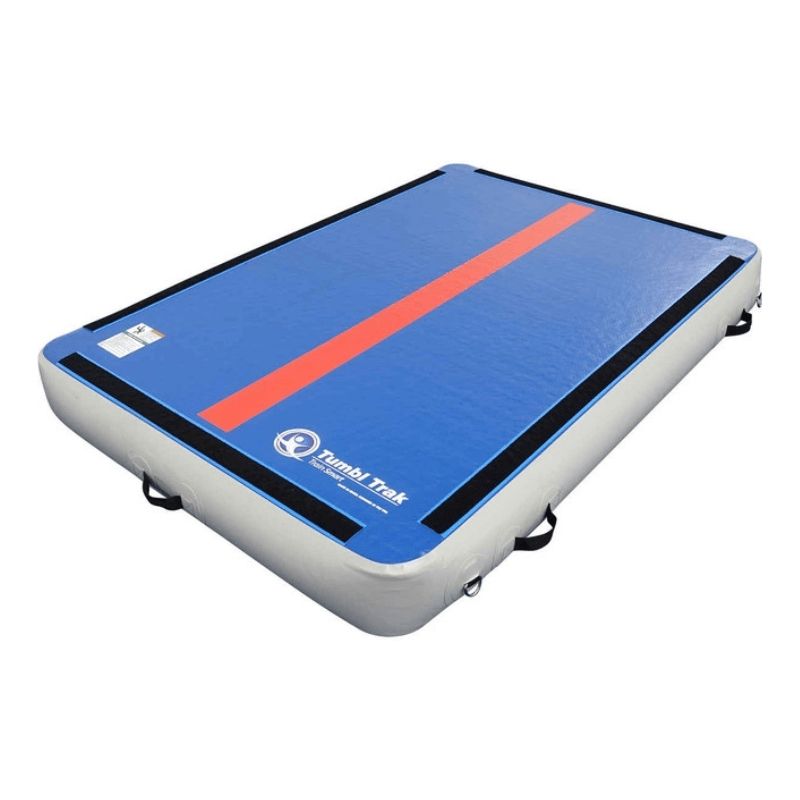 Tumbl Trak Power Launch 4x6ft inflatable training mat in flat platform position showing the non-skid base, loop Velcro perimeter, and D-rings used for gymnastics, therapy, and sensory play