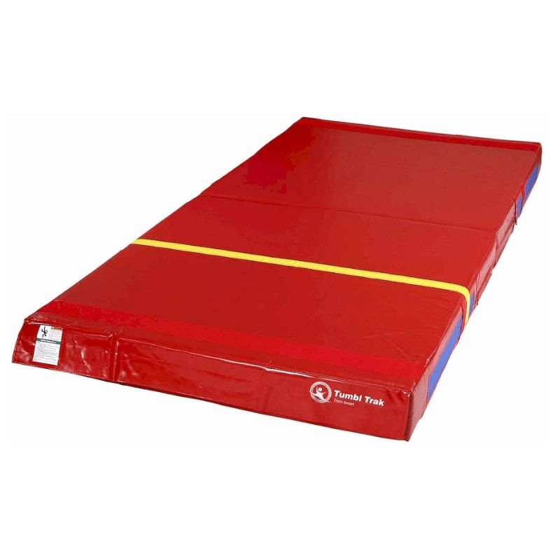 Tumbl Trak Practice Mats size comparison or active use view showing the gymnastics crash mat range available in four sizes, four thicknesses, and seven colour options for gymnastics, cheer, wrestling, and school PE programmes