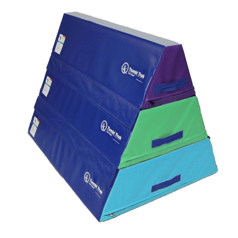 Tumbl Trak Pyramid Beam Blocks set of three trapezoid foam blocks in landscape view showing the white centre line, firm vinyl-covered construction, and the progressive-width balance beam training configuration for gymnastics clubs and preschool programmes