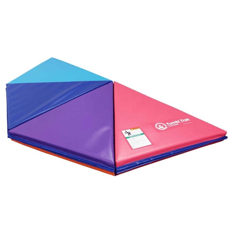 Tumbl Trak Rainbow Pizza Mat in half-circle configuration showing four of the eight rainbow foam wedge segments connected via Velcro flaps, demonstrating the modular assembly system for partial or full circle setups