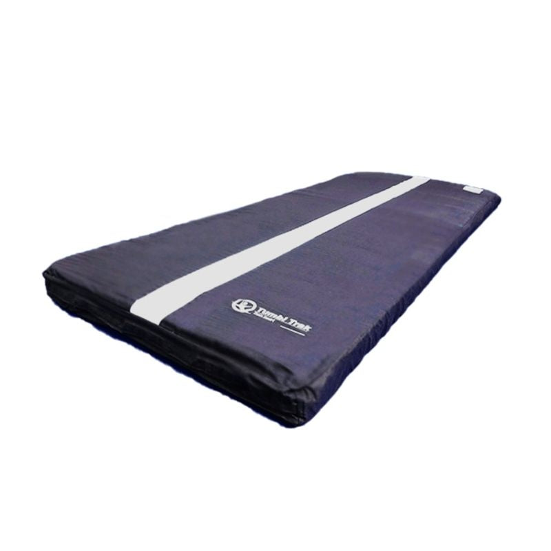 Tumbl Trak Soft Topper Denim Mat 8ft length showing the full-body-length 3ft-wide denim covered PU foam mat that covers the entire Smart Spotting Block System surface in a single seamless piece for sting-free gymnastics landings