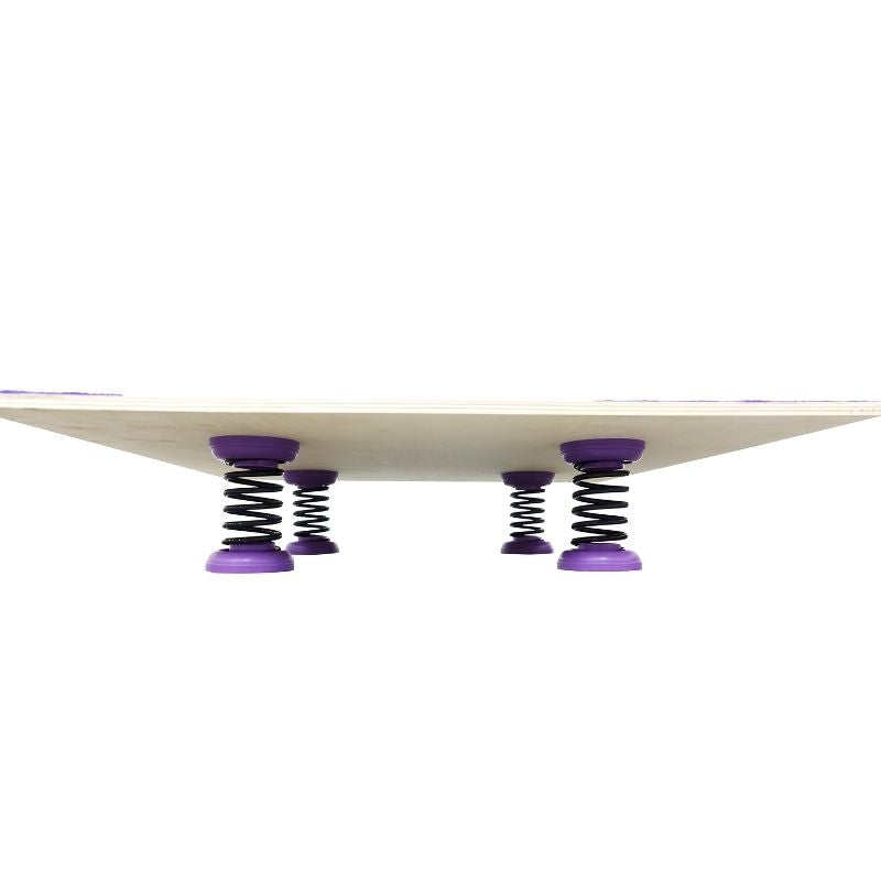 Side profile of a Tumbl Trak semi-assembled spring floor panel showing Baltic Birch plywood elevated on black high-carbon steel springs with purple caps, illustrating the 5-1/4 inch floor height