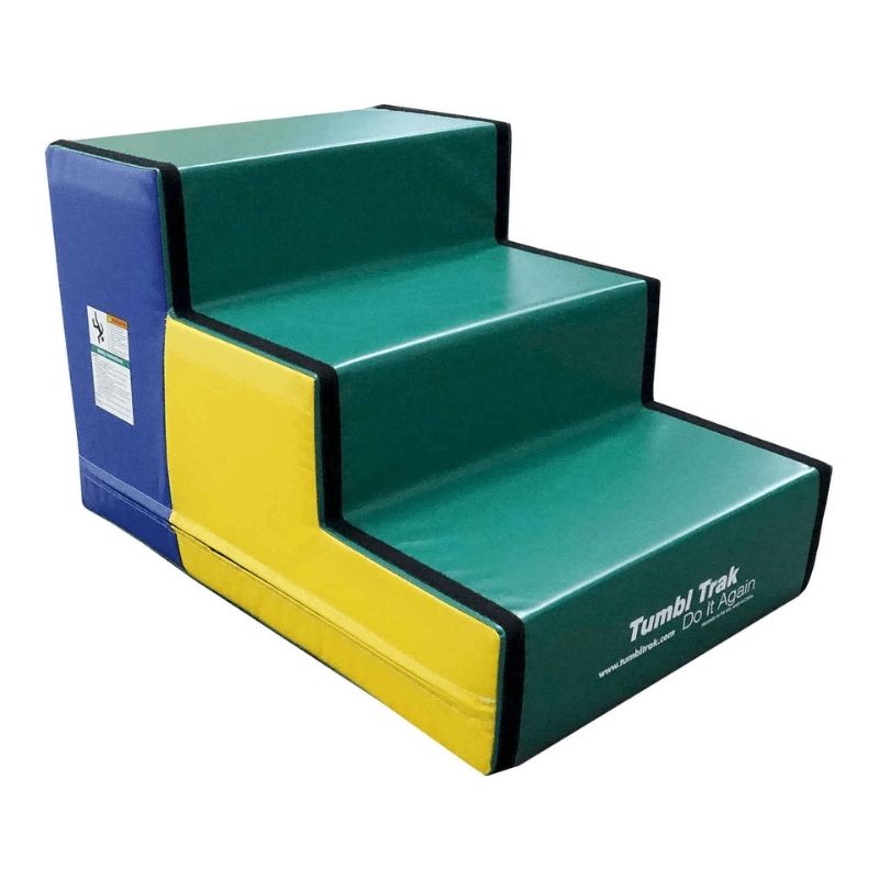 Tumbl Trak Steps three-step foam gymnastics access block in landscape view showing the full 24x21 inch profile, firm vinyl-covered foam construction, and graduated 7-inch step heights for Tumbl Trak access and obstacle course use