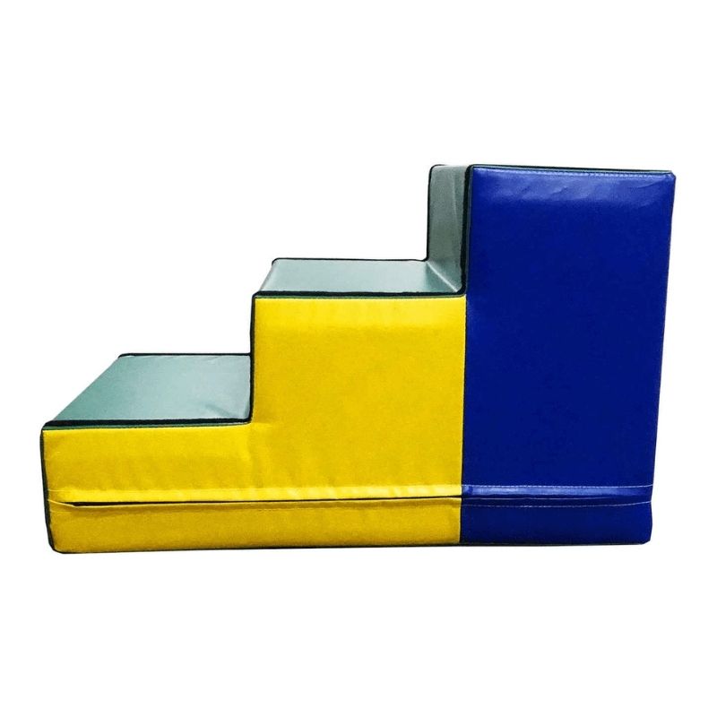 Side profile view of the Tumbl Trak Steps showing the three graduated foam step levels, each 11 inches long and 7 inches high, reaching the 21-inch total height that matches an above-ground Tumbl Trak exactly