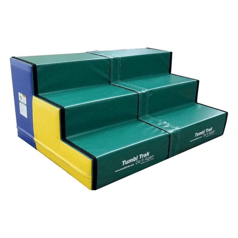 Two sets of Tumbl Trak Steps connected side-by-side using the Velcro edge and connecting vinyl strap, showing how the combined 48-inch width fits between the steel frame of a standard above-ground Tumbl Trak