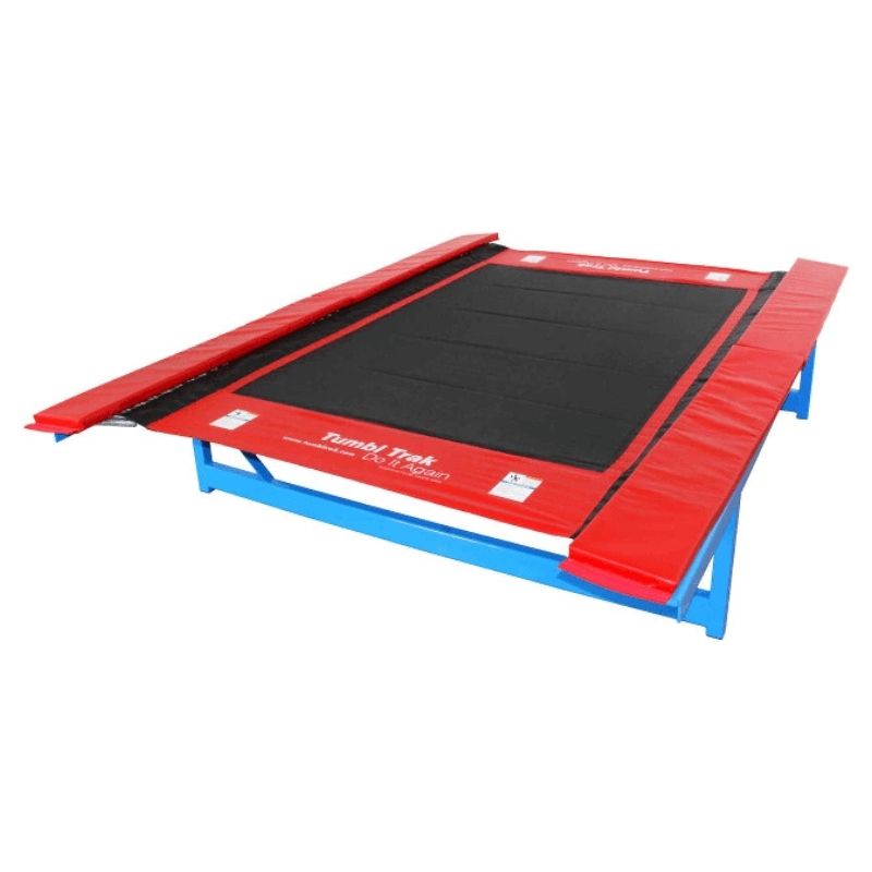 Tumbl Trak tumbling track second landscape view showing the 83-inch wide powder-coated steel frame and 60-inch bed width for gymnastics clubs and cheerleading programs