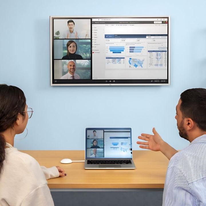 Man and woman in an online meeting using the Vibe Tap and Vibe Board S1 interactive whiteboard, demonstrating wireless 4K screencasting and Touchback control for collaborative presentations