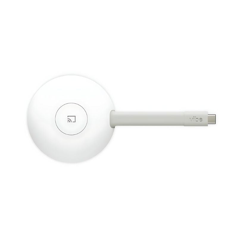 Vibe Tap USB-C wireless screencasting adapter close-up view showing the compact dongle design for 4K wireless screen sharing with the Vibe Board S1 without WiFi