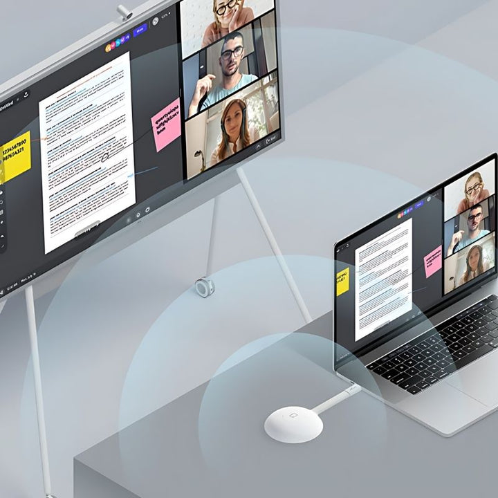 Vibe Tap wireless screencasting adapter range diagram showing the 15-metre direct wireless connection between a USB-C device and the Vibe Board S1 interactive whiteboard