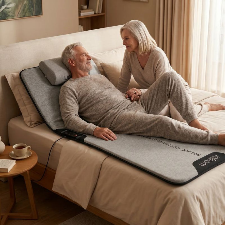 Older man relaxing on the Woojer MAT vibroacoustic mat laid over his bed while his partner sits beside him, a calming haptic wellness mat for home