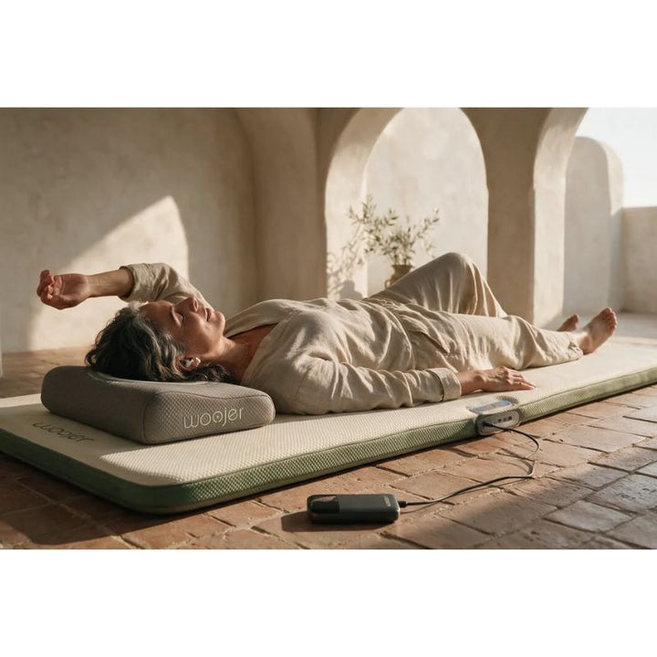 Woman stretching on a green-trimmed Woojer MAT Plus vibroacoustic mat with a Woojer pillow and power bank, unwinding on a haptic wellness mat