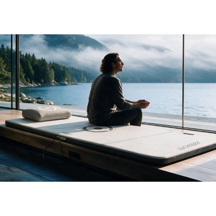 Man sitting quietly on the Woojer MAT Plus vibroacoustic mat beside a lakeside window, using the vibrating mat for calm and mindful rest