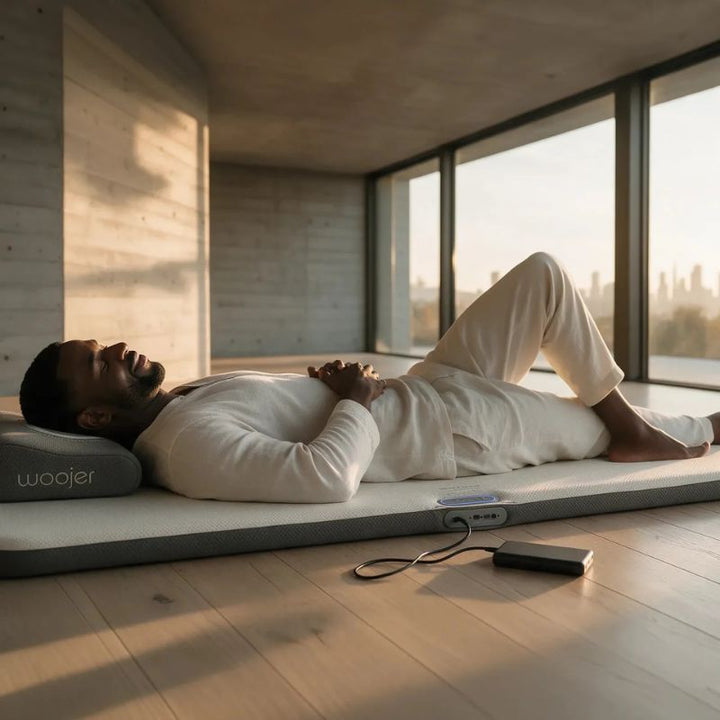 Man lying on the Woojer MAT Plus vibroacoustic mat with a Woojer pillow and a connected power bank, relaxing on a haptic wellness mat at sunset