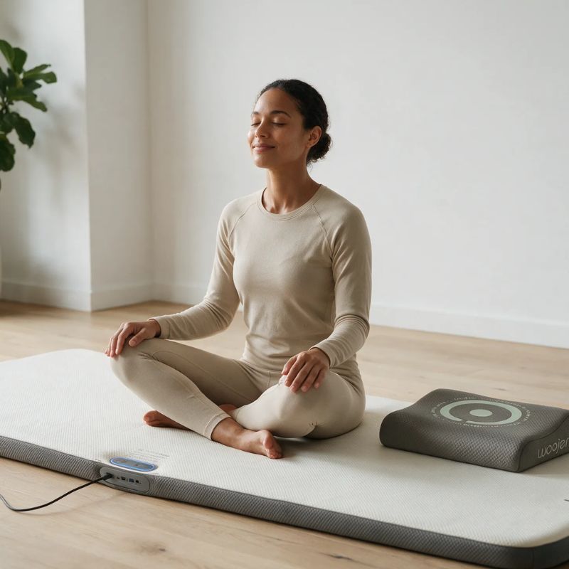 Woman sitting cross-legged on the Woojer MAT Plus vibroacoustic mat with eyes closed, a vibrating mat for mindfulness and sensory calm at home