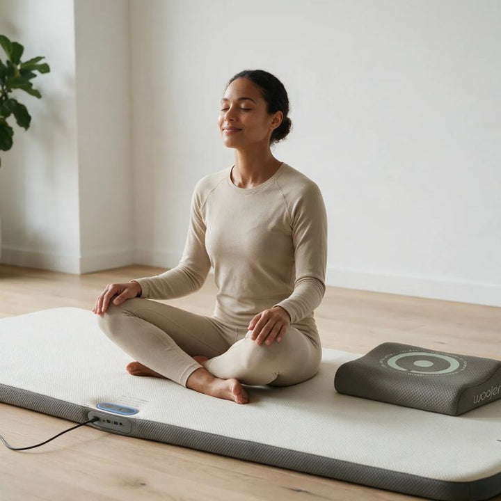 Woman sitting cross-legged on the Woojer MAT Plus vibroacoustic mat with eyes closed, a vibrating mat for mindfulness and sensory calm at home