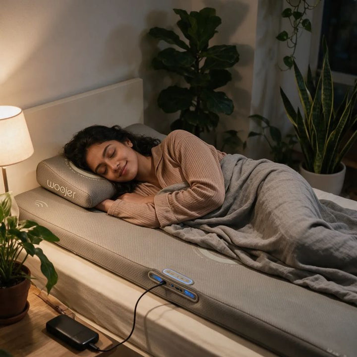 Woman resting on a Woojer MAT Pro vibroacoustic mat on her bed with a pillow and blanket, a haptic wellness mat for an evening sleep routine