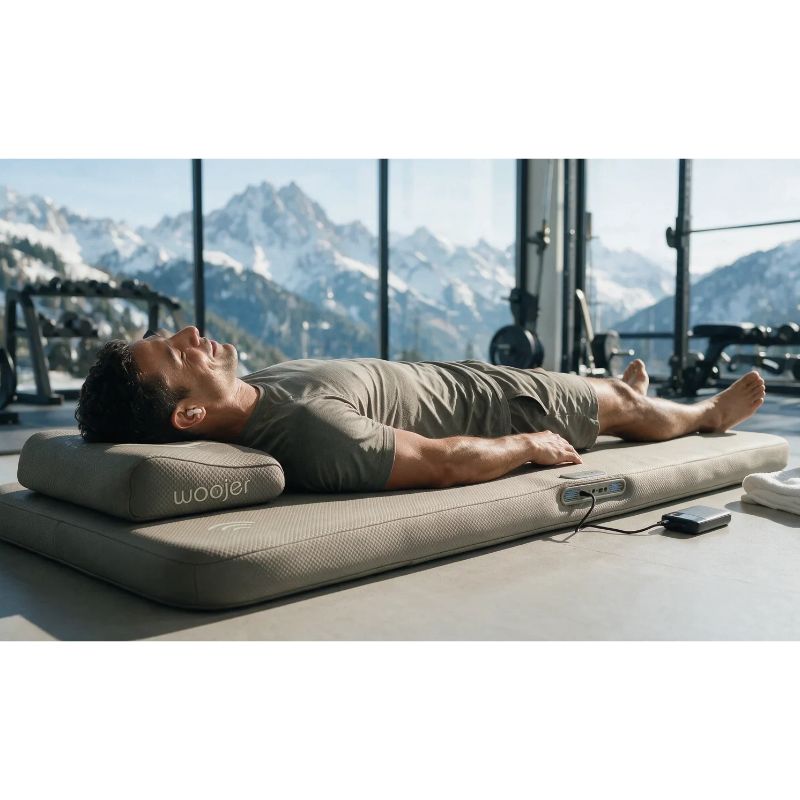 Man resting on a Woojer MAT Pro vibroacoustic mat in a home gym, using the vibrating mat for post-workout recovery