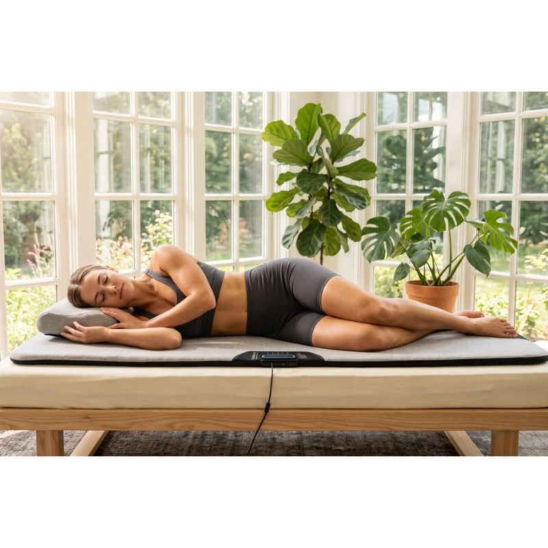 Woman resting on her side on the Woojer MAT vibroacoustic mat on a wooden daybed in a bright sunroom, using vibroacoustic therapy for rest and recovery