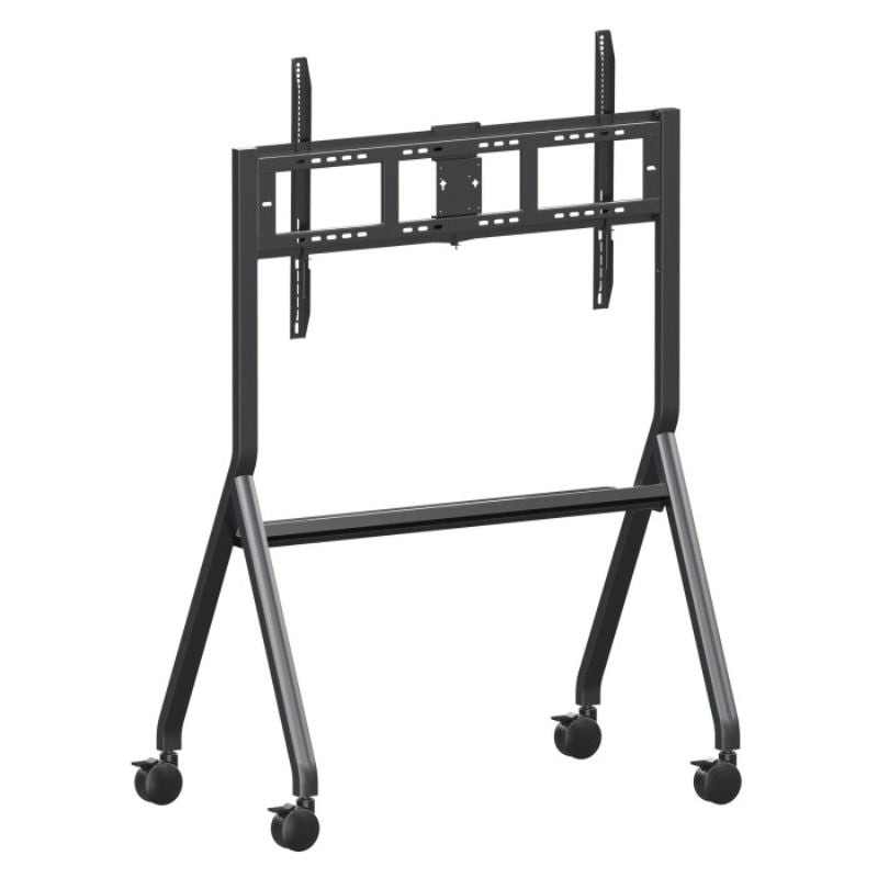 ViewSonic VB-STND-009 slim mobile cart at an angle, showing the storage tray and lockable caster wheels