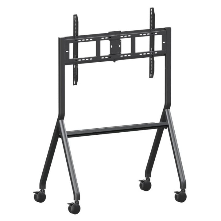 ViewSonic VB-STND-009 slim mobile cart at an angle, showing the storage tray and lockable caster wheels