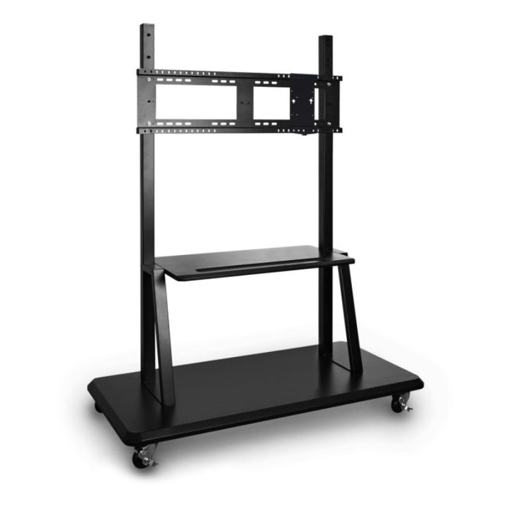 ViewSonic VB-STND-001 mobile cart shown at an angle with the VESA mounting bracket and steel storage tray for ViewBoard displays