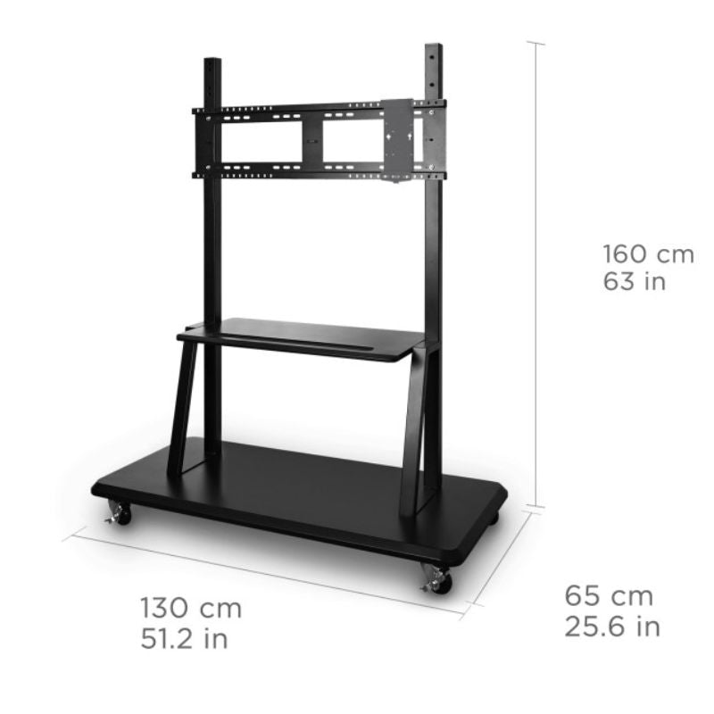 Dimension diagram of the ViewSonic VB-STND-001 mobile cart showing 51.2 inch width, 63 inch height and 25.6 inch depth for ViewBoard stands