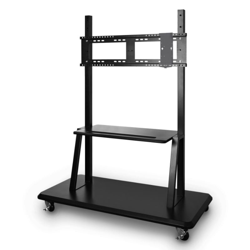 Three-quarter view of the ViewSonic VB-STND-001 mobile cart on locking wheels, a height-adjustable stand for ViewBoard displays