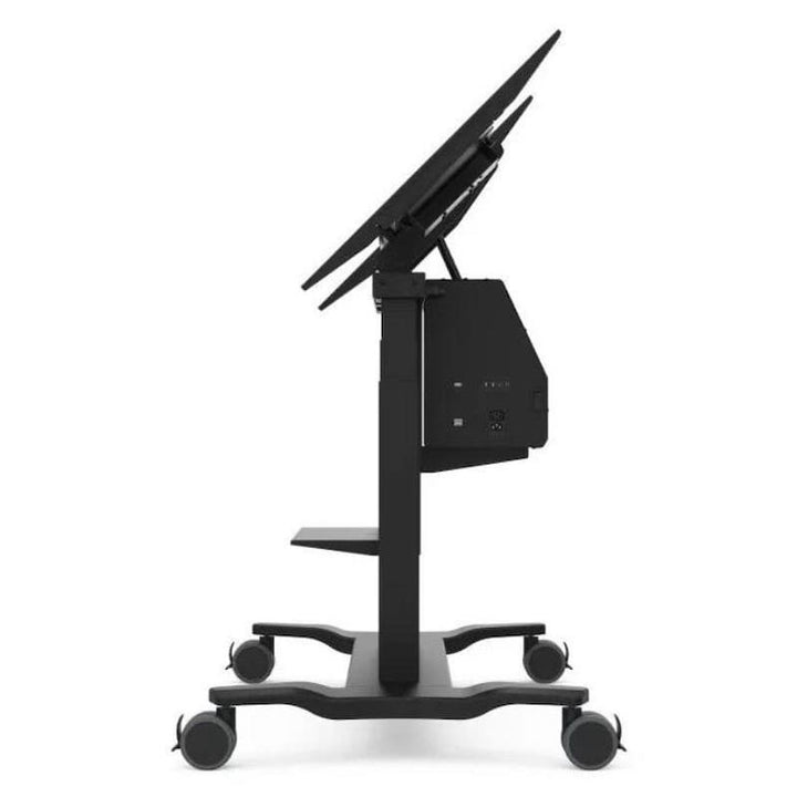ViewSonic VB-STND-008 motorized display cart at 45-degree tilt, showing adjustable viewing angle for group learning and clinical use