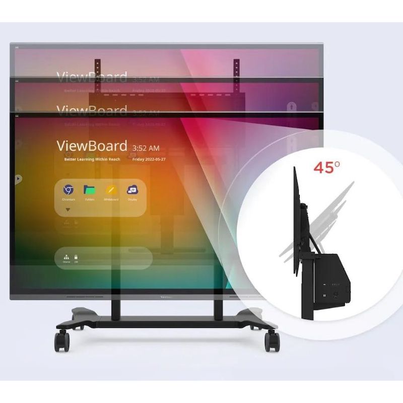 ViewSonic VB-STND-008 motorized cart tilt range diagram showing 0 to 90-degree tilt options including tabletop mode for interactive display