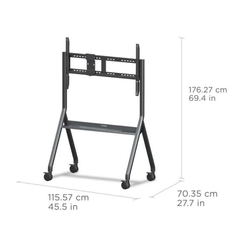 Dimension diagram of the ViewSonic VB-STND-009 mobile cart showing height, width, and depth for interactive display installation planning