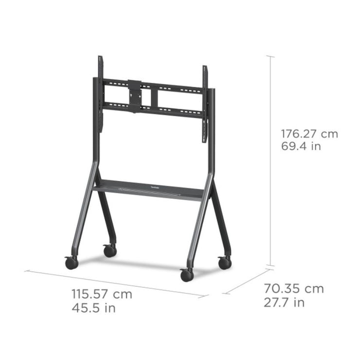 Dimension diagram of the ViewSonic VB-STND-009 mobile cart showing height, width, and depth for interactive display installation planning