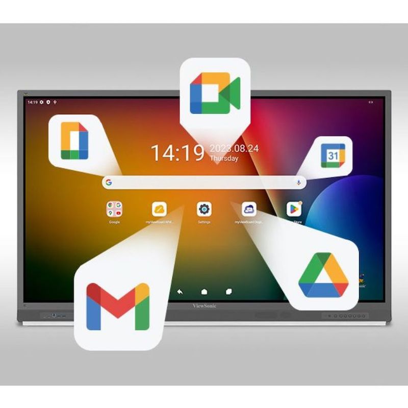 ViewSonic ViewBoard IFP52-2ED showing Google Play Store and Android EDLA app integration for classroom and educational use